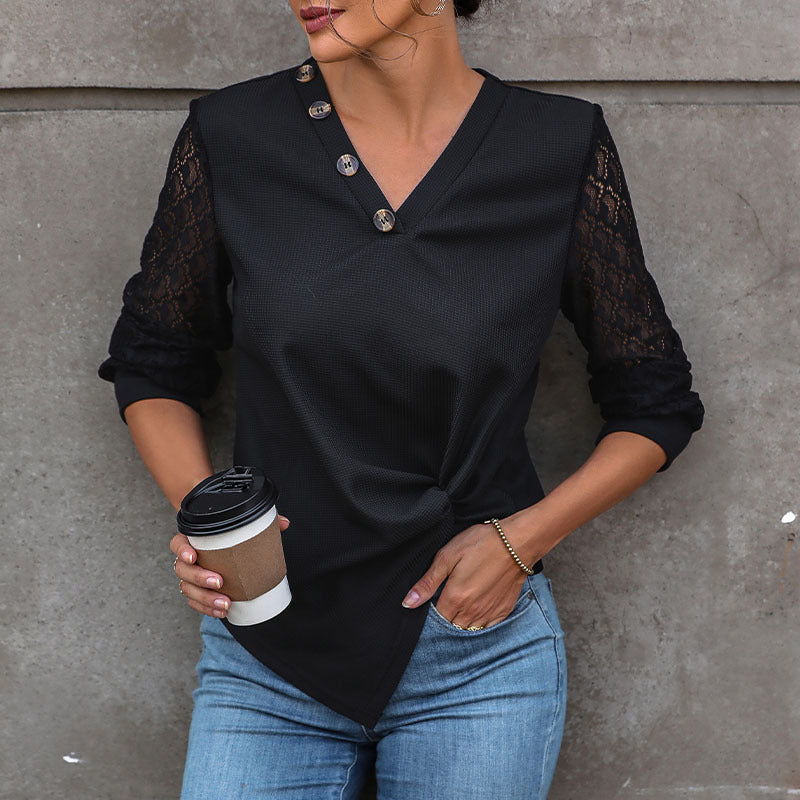 LOVECCR 2025 women's clothing Hot autumn button V-neck women's T-shirt lace splicing long-sleeved knitted top