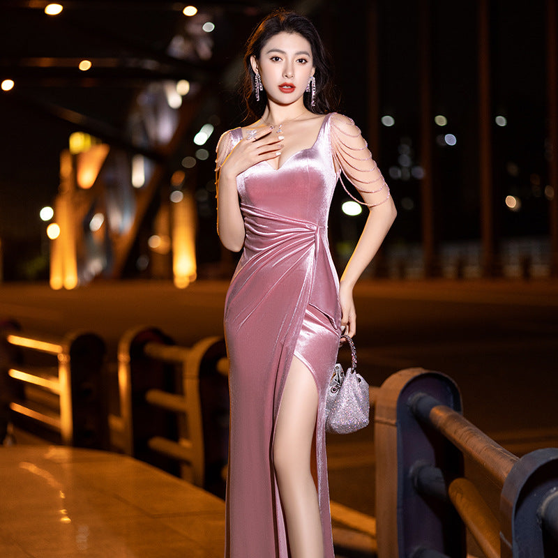 LOVECCR New Style Banquet Evening Dress Fairy Dreamy Black Sling Noble Temperament Host Long Dress