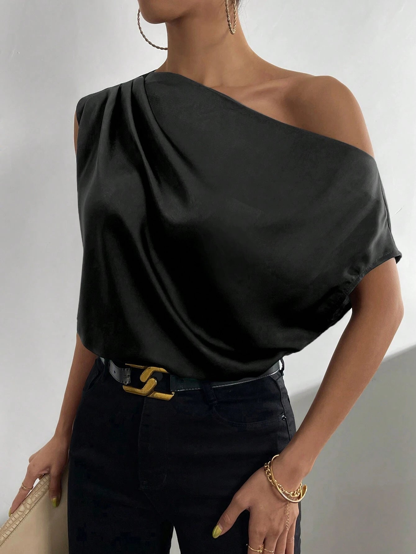 2025 Popular, , New women's clothing summer new fashion versatile diagonal collar pinch pleated shoulder asymmetrical vest