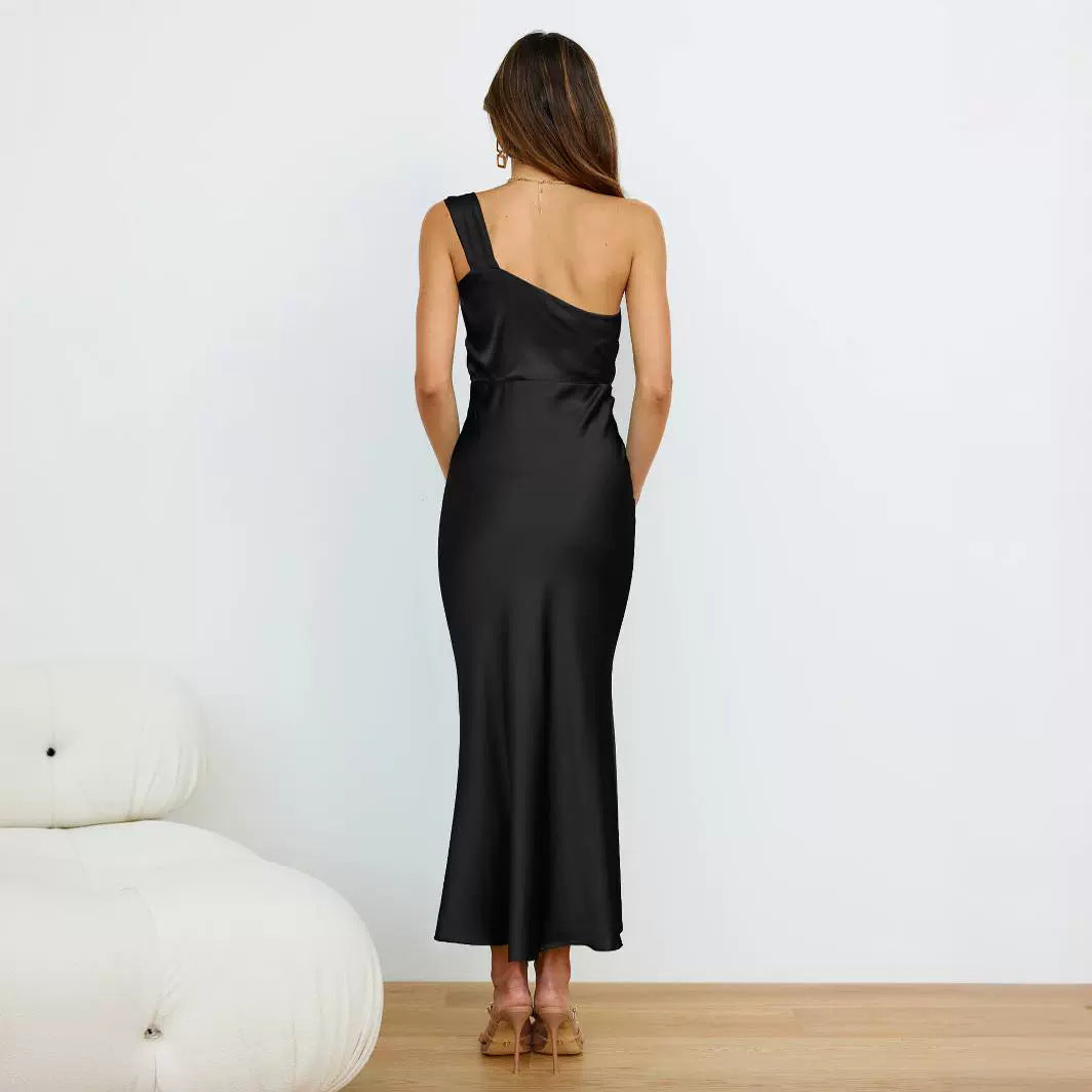 LOVERCCR Cross-Border New Acetate European and American Women's Clothing Elegant One-Shoulder Satin Toast Dress Bridesmaid Dress Slim Fit Dress