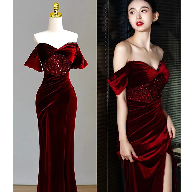 LOVERCCR Fishtail Toast Dress Bride Wine Red Engagement Dress Dress off-Shoulder High-Grade Velvet Sequins Elegant Female