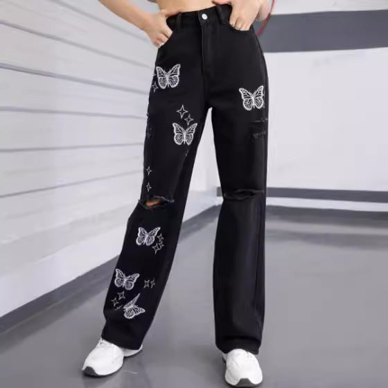 New European and American Wish Embroidery Ripped Fashion Denim Skinny Pants Female 69310