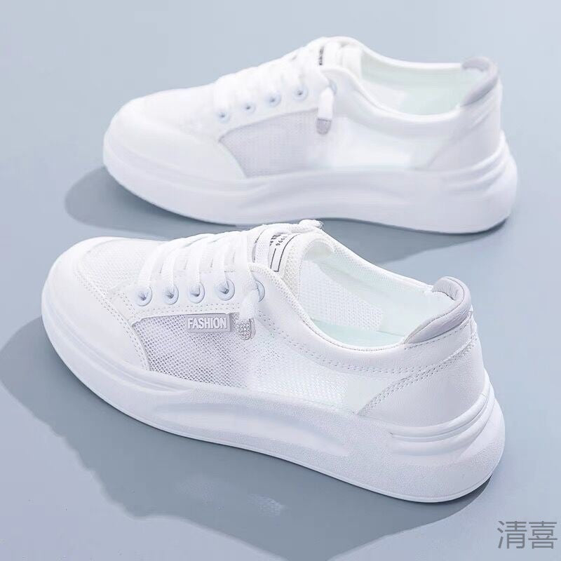 loveccr White Shoes Women's Summer New Mesh Shoes Breathable Mesh Versatile Thin Casual Platform Spring and Summer Sports Board Shoes