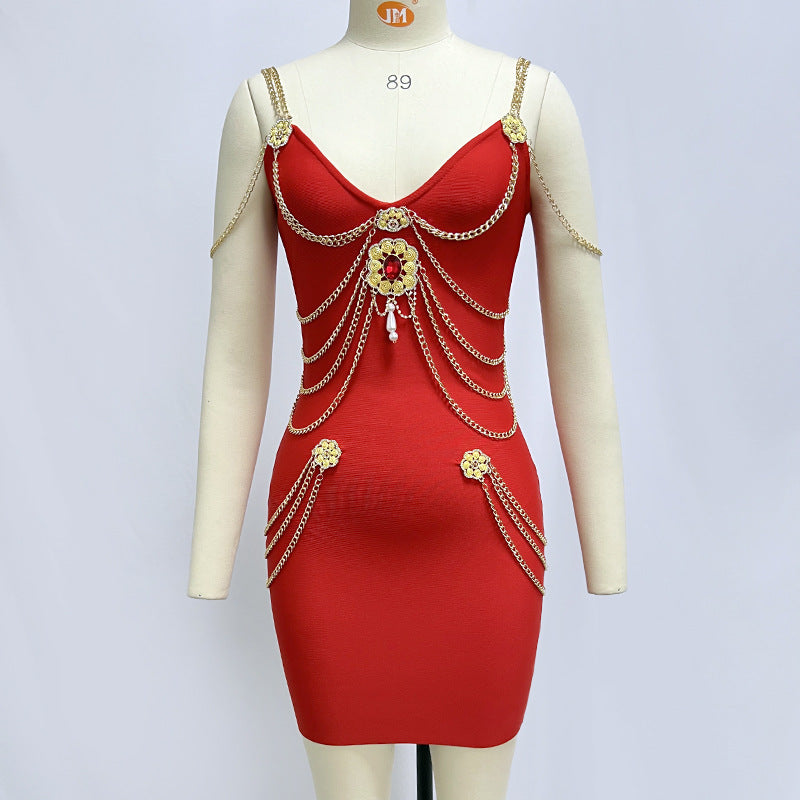 LOVECCR European and American Tide Brand Women's Clothing Dress High Quality Heavy Industry Gold Chain Sexy Bandage Evening Dress