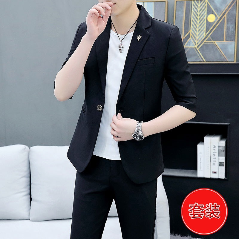 LOVECCR Suit Men's One Suit Matching Summer Korean Style Trendy Fashion Dress 3/4 Sleeve Non-Ironing Casual Small Suit