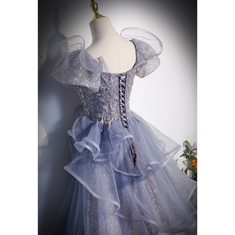 LOVERCCR Gray Blue Evening Dress Temperament Banquet Vocal Music Art Test High-End Birthday Host Schoolgirls' Dress