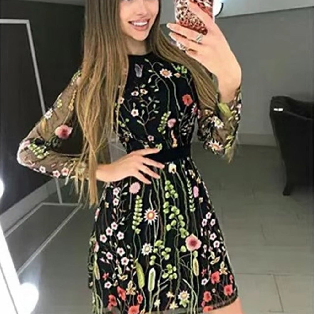 2025 New spring new 2025 women's clothing dress embroidered bohemian flower A-word skirt