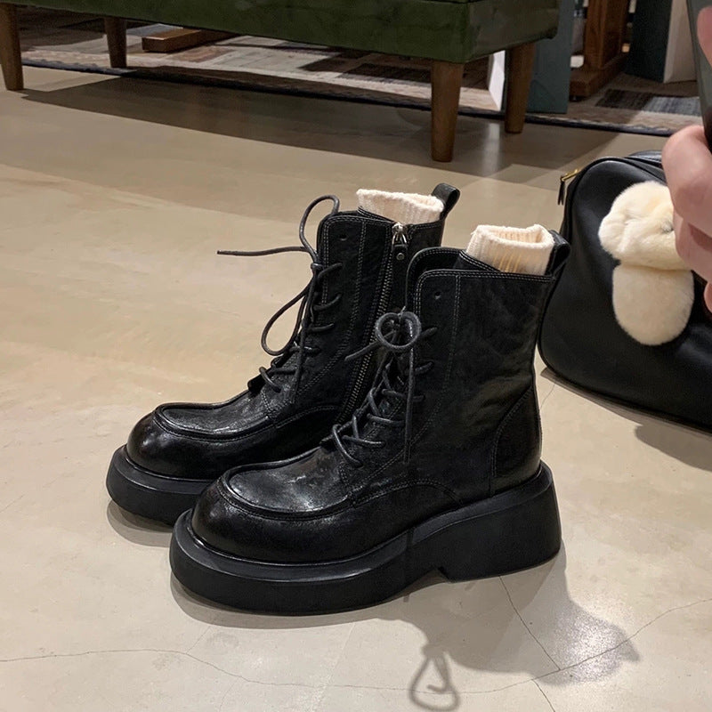 2025 Cowhide version~ Grape mother has the same autumn and winter new round head leather heightened thick bottom lace-up side zipper Martin boots for women