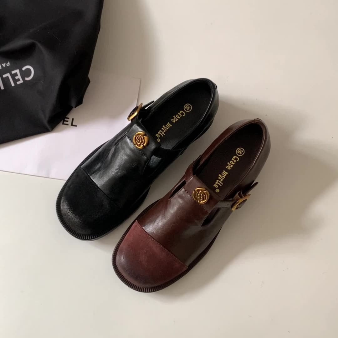2025 Cowhide version~ 2025 spring new retro camellia Mary Jane shoes women's thick heel one pedal round head small leather shoes