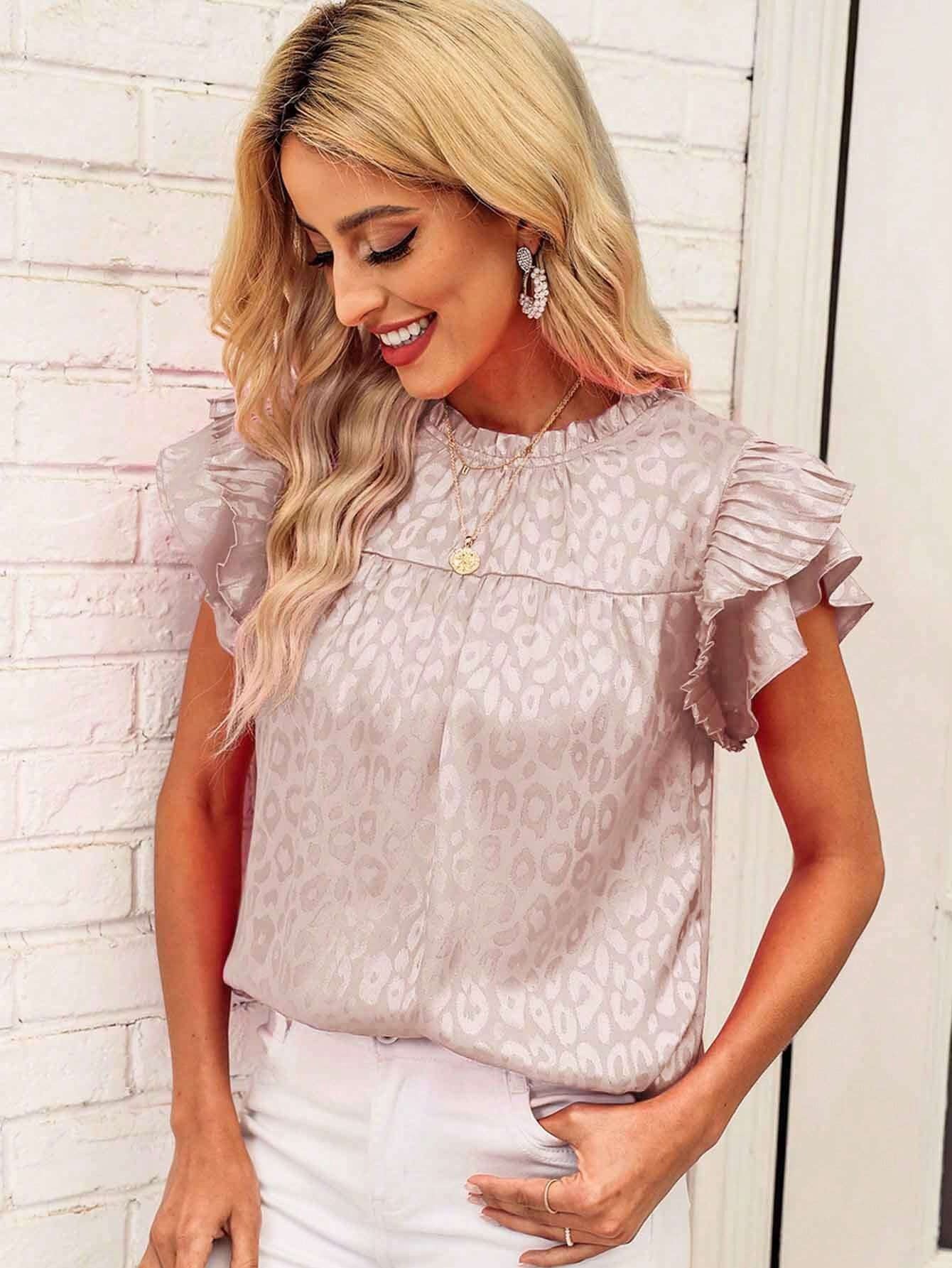 2025 Popular, , New women's clothing summer new fashion versatile printed lotus leaf sleeve wavy collar women's top