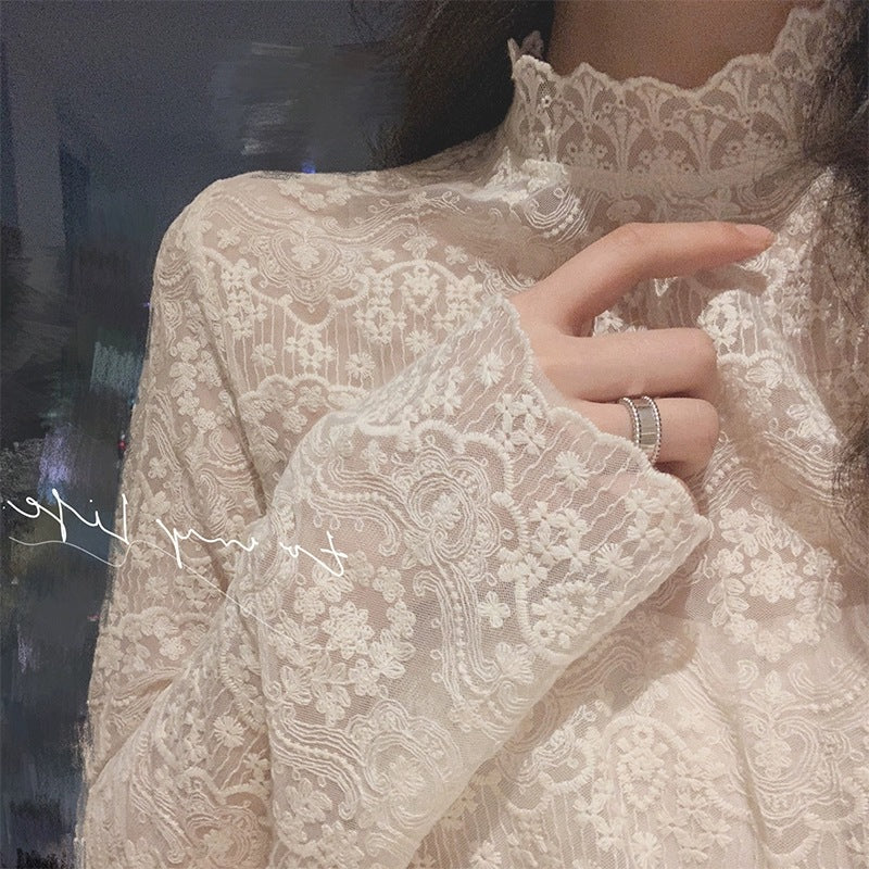 Autumn and winter new Popular-style shirt women's semi-turtleneck embroidered flower exquisite inner lace shirt super fairy mesh bottoming top