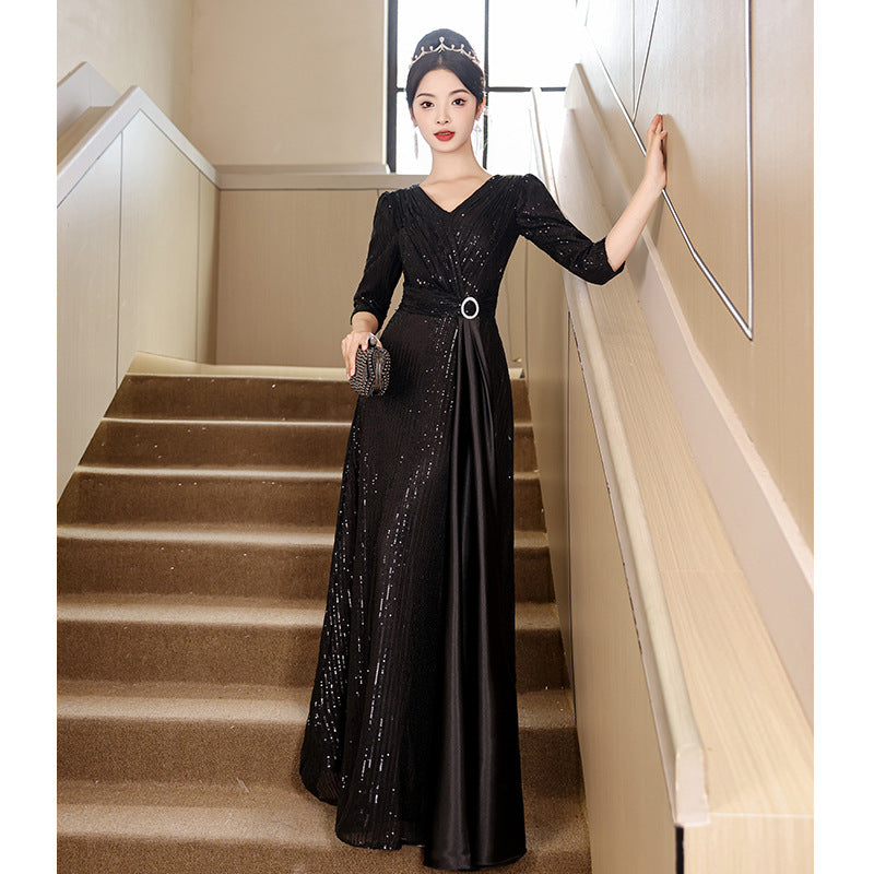 LOVECCR Champagne Evening Dress for Women New High-End Temperament Light Luxury Minority Banquet Host Fishtail Dress Sequins
