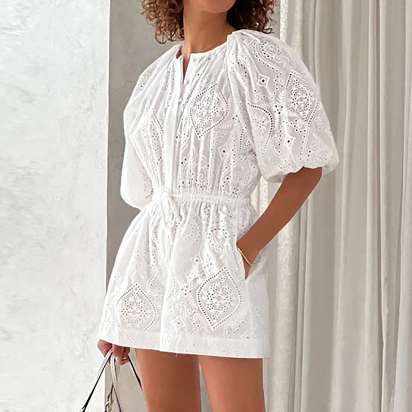 2025 fashion casual white jacquard jumpsuit shorts women's summer waist pure cotton bubble sleeve onesie