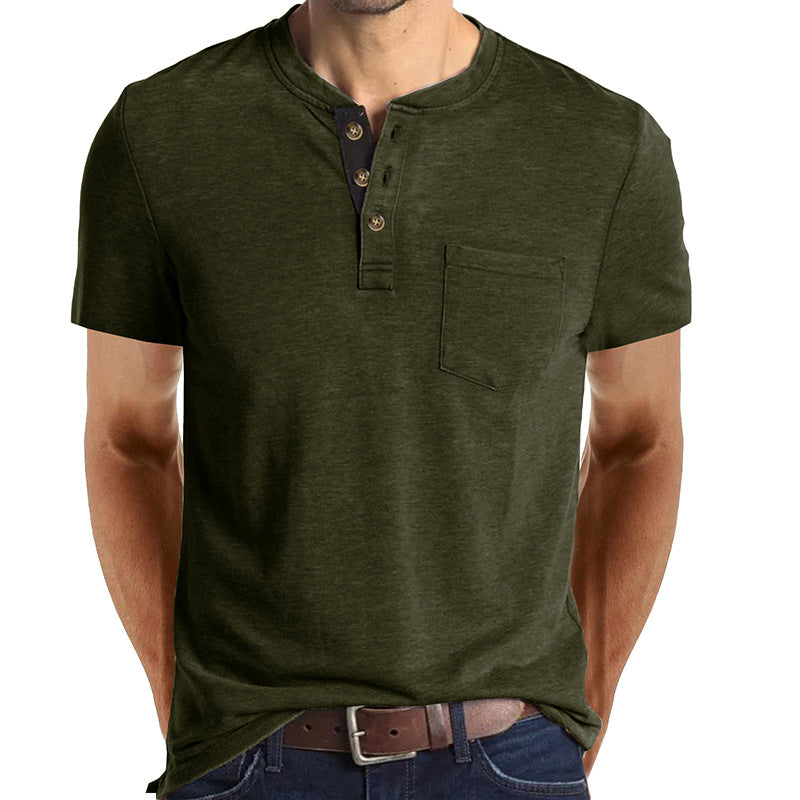 Summer European and American Men's Short-Sleeved T-shirt Foreign Trade Men's Henry T-shirt Cross-Border Clothing round Neck Top