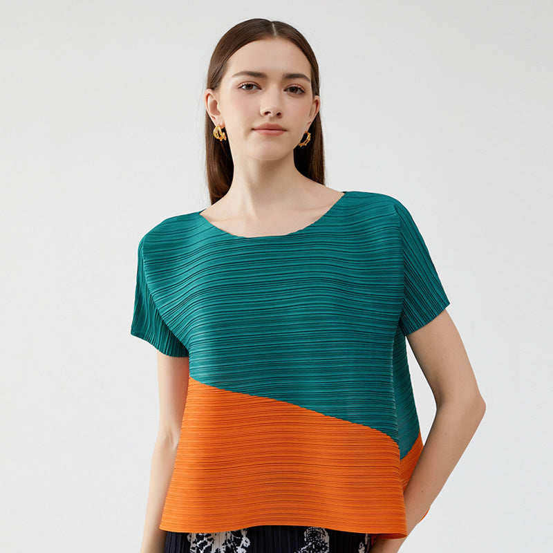 summer new Korean version fashion pleated design sense round neck short sleeve loose contrasting casual t-shirt top women