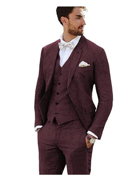 LOVECCR Men's Linen Slim Fit Suit Wedding Western Slim Fit 3 Piece Set Groom Swallowtail Best Men's Prom Suit