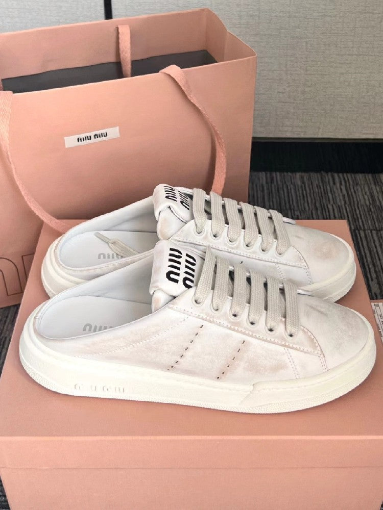 loveccr Mu's Genuine Leather Thick-Soled Distressed Sneakers Spring and Summer New Lace-up Casual Shoes Women's Dirty White Shoes
