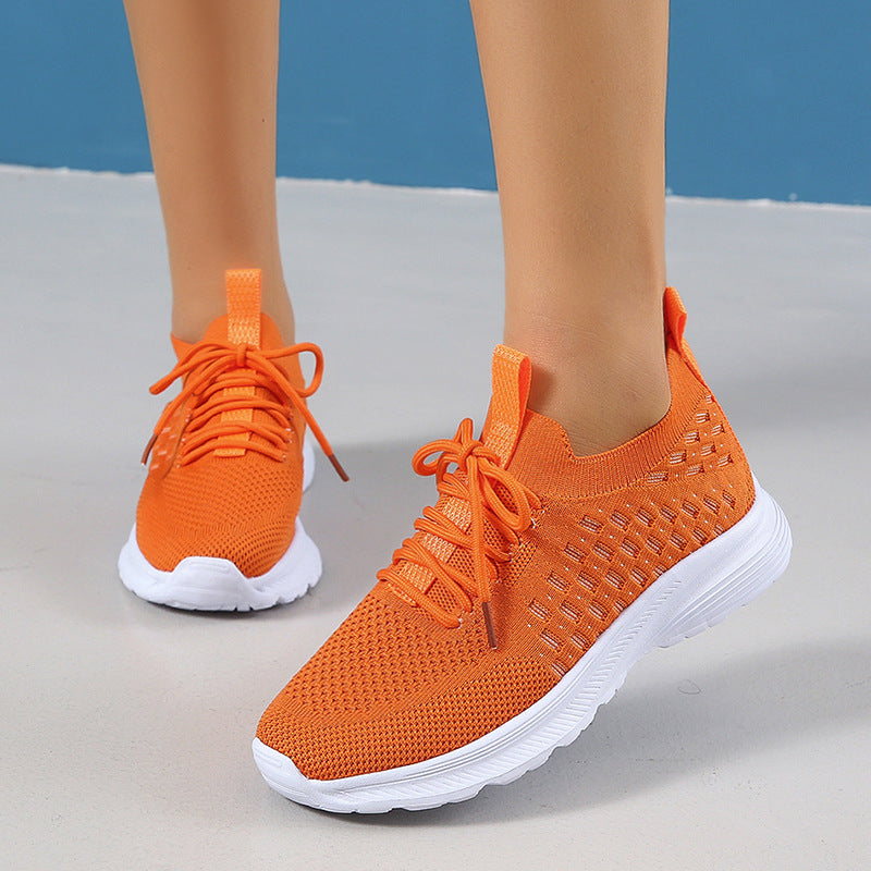 loveccr Cross-Border Wish plus Size Sports Casual Shoes for Women Spring Thick Bottom Solid Color Front Lace-up Flying Woven Slip-on Lazy