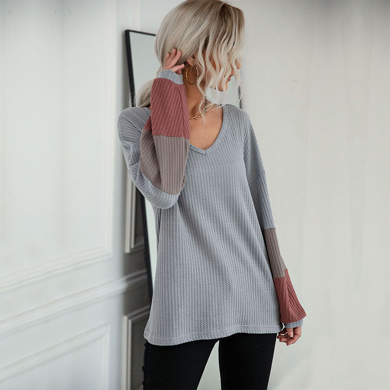 LOVECCR New Hot Trade popular New 2025 Autumn Color Matching Long Sleeve Gray V-Neck Knitted Sweater