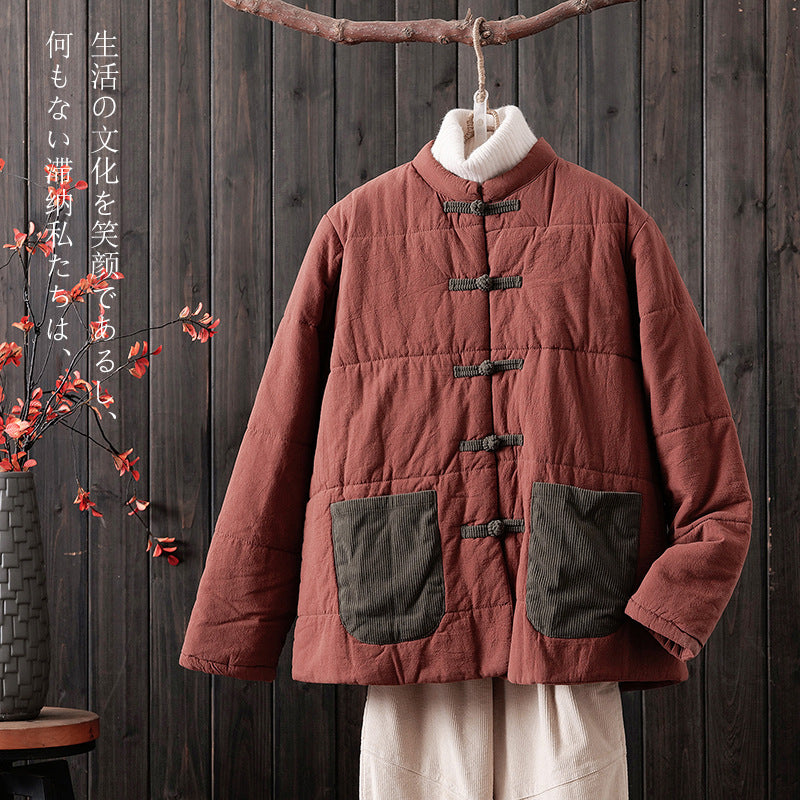 Padded and thickened padded jacket for women popular winter loose Tang suit buckle ethnic style cotton-padded clothing Zen tea clothing retro cotton-padded clothing