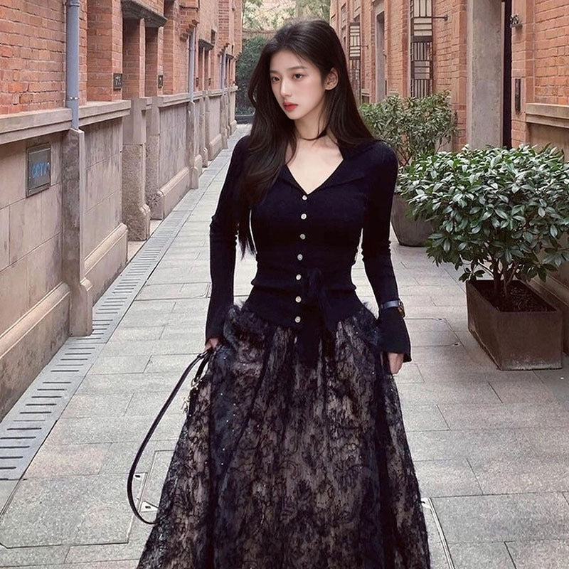 Pure desire wind lace temperament fishtail long dress winter thin advanced sense sexy waist slim M1551