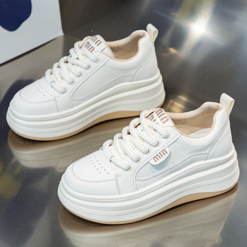 loveccr White Shoes for Women New Spring Casual Women's Sports Shoes All-Matching Genuine Leather Raise the Bottom Black and White Panda Board Shoes