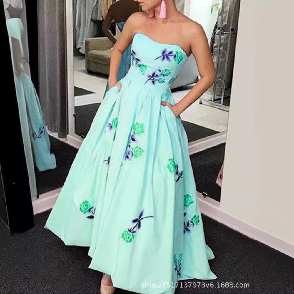LOVECCR New Cross-Border Foreign Trade European Size Women's Clothing Independent Station Waist Digital Printing Tube Top Tuxedo Dress