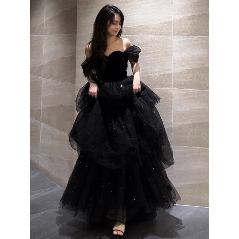 LOVERCCR Black Evening Dress Light Luxury Minority Style Pettiskirt Host Female Spring Art Exam Graduation Adult Ceremony Senior Sense