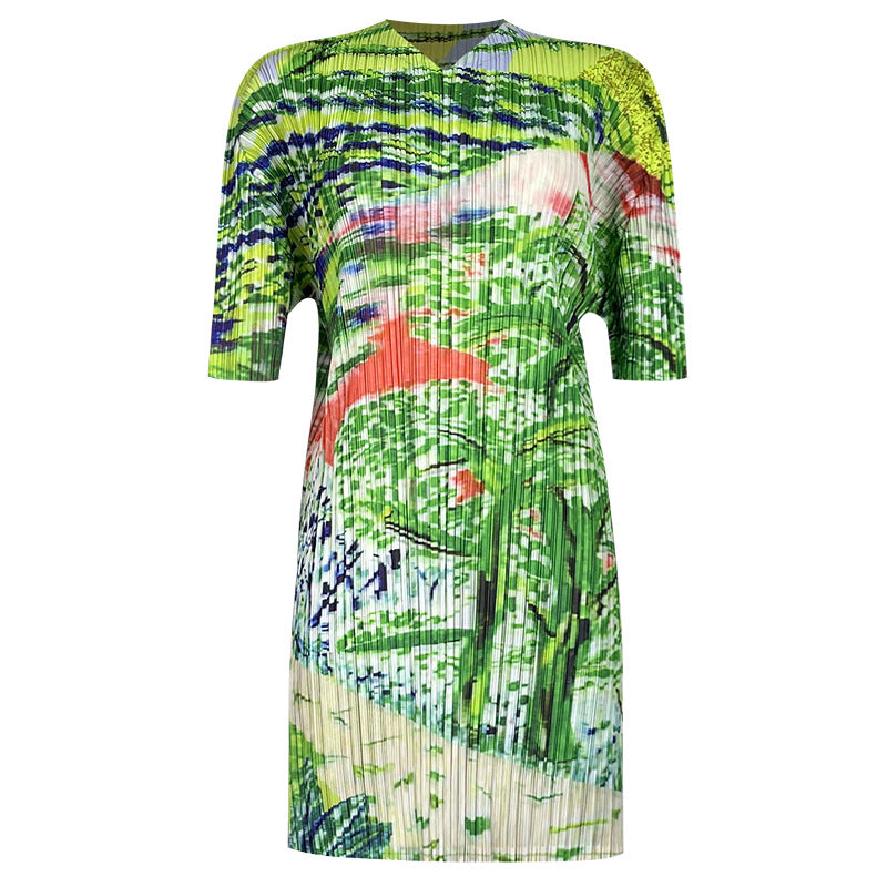 spring niche temperament tree-painted printing small V-neck short-sleeved top women's casual trousers pleated suit women's