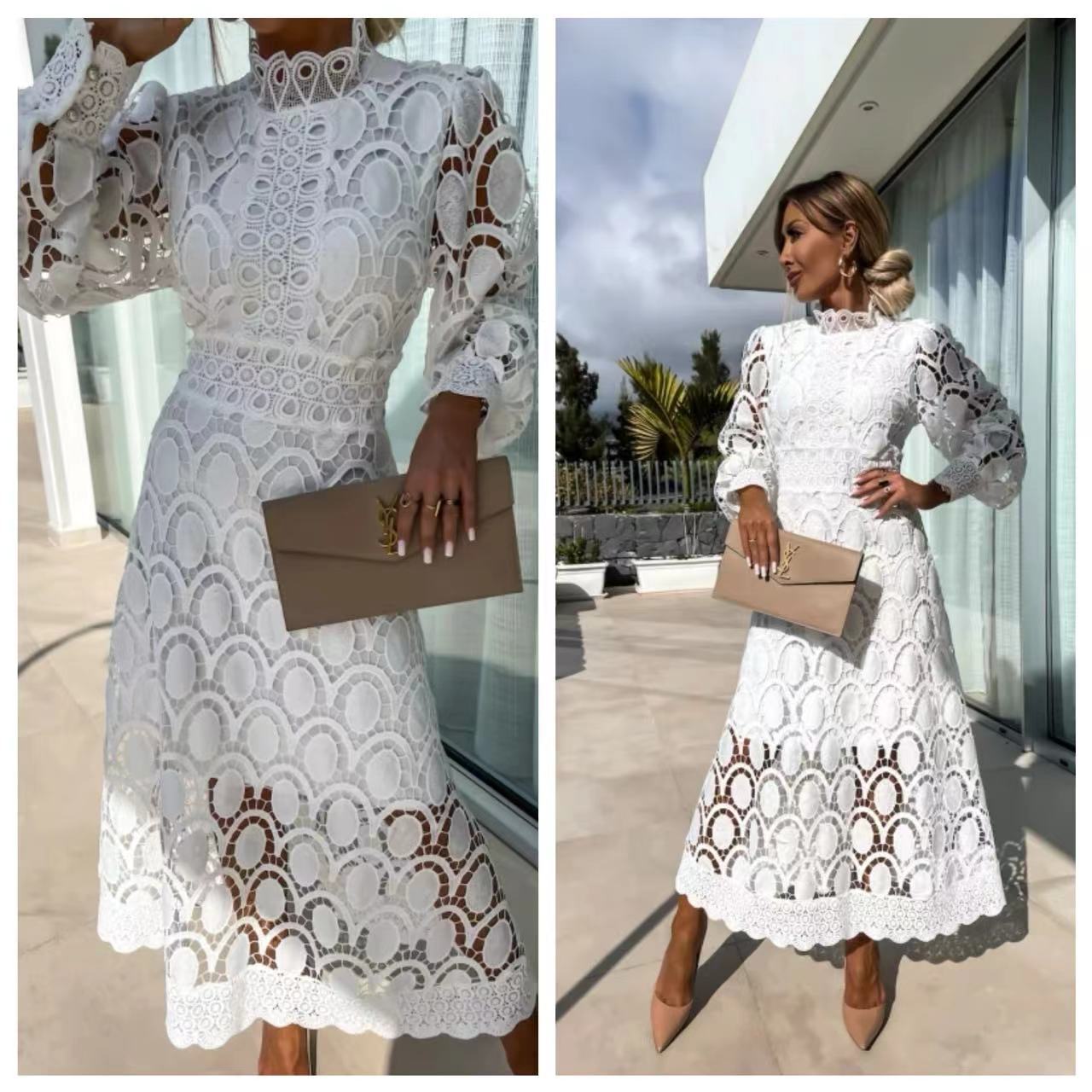 Spring New Style Lace Stand Collar Puff Sleeve Waist Slimming Dress Graceful European and American Long Dress