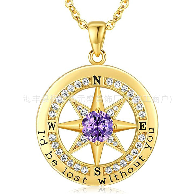 HOT and NEW Cross Border S925 Sterling Silver Compass Compass Necklace Female Twelve Birthstone Pendant Clavicle Chain