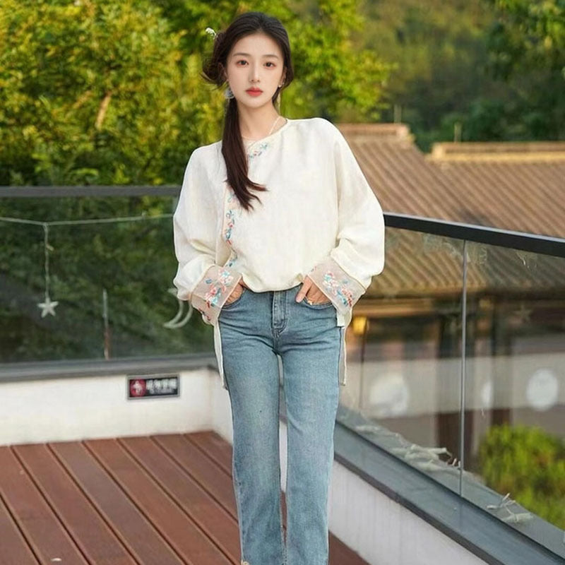 popular New Chinese-style retro diagonal placket buckle cuffs embroidered loose and thin silk top women's M5081