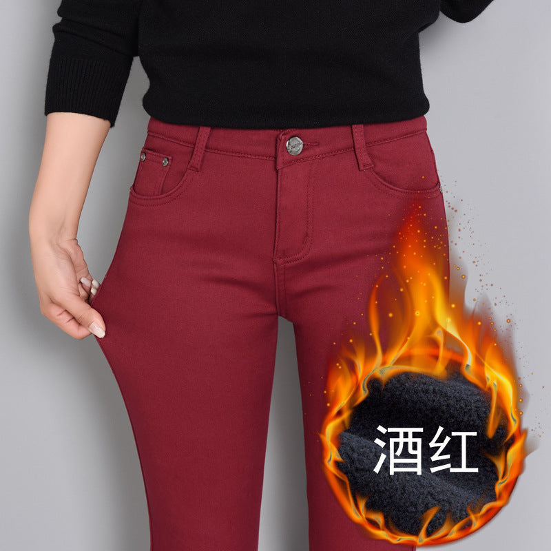 Plus Size Fleece-lined Thick Color Pants Korean Style Winter Skinny Jeans Women's Candy Color Warm Pencil Pants Women's Pants