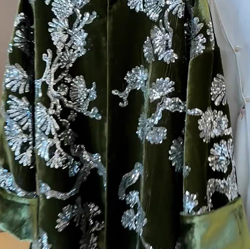 spring new new Chinese satin button-up top national style temperament jacquard green cotton jacket M3016
