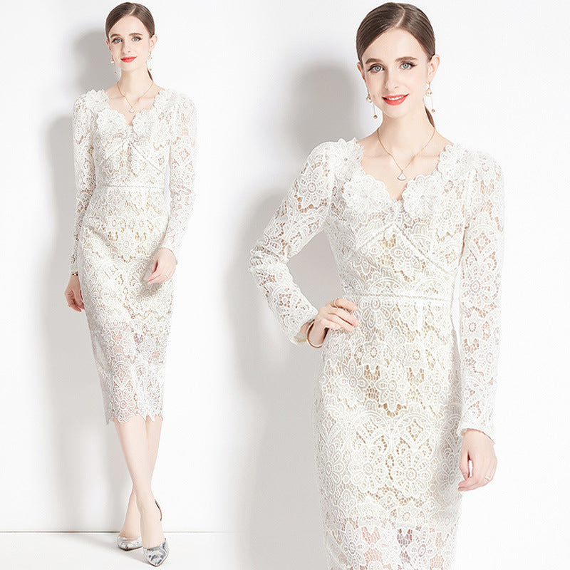 Spring and Autumn Premium Beige Heavy Industry Lace Long Sleeve V-Neck Dress High Waist Slim Fit Paper Man Pencil Long Dress