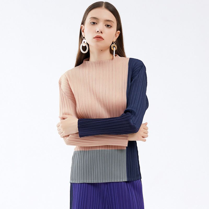 spring new women's clothing semi-turtleneck contrasting long-sleeved t-shirt thin versatile bottoming shirt niche inner top