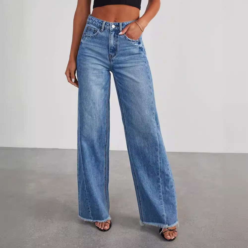 European and American Women's Clothing New Loose Wide-Leg Side Seam Stitching Frayed Hem Jeans for Women 32150