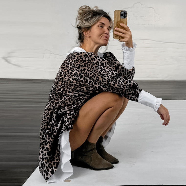 2025 Leopard print V-neck bubble sleeve splicing ruffle leaf edge pullover dress popular new spring fashion wholesale women