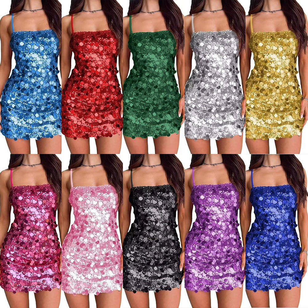 New women's clothing sequined suspender dress banquet party dance hot girl halter short hip skirt