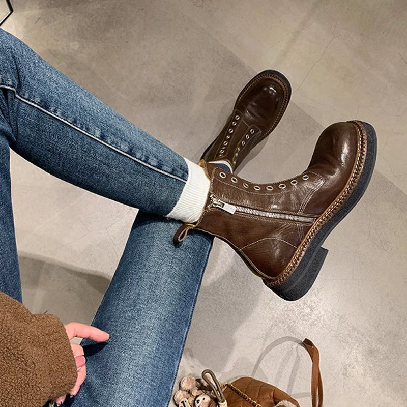 2025 Cowhide version~ Grape mother same washed horse leather retro thick-soled eight-hole side zipper locomotive Martin boots women's short boots