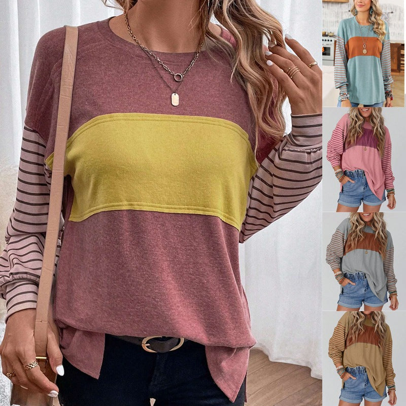 2025 Popular, , New women's clothing spring and autumn new pullover round neck casual striped contrasting color long-sleeved t-shirt women