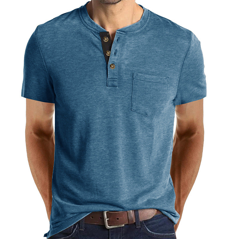 Summer European and American Men's Short-Sleeved T-shirt Foreign Trade Men's Henry T-shirt Cross-Border Clothing round Neck Top