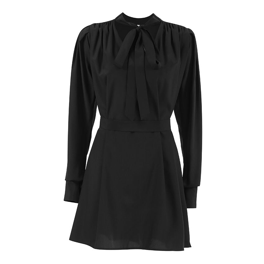 2025 popular Autumn Temperament V-Neck Bubble Sleeve Design Sense Dress Black Long Sleeve Chiffon Short Skirt Women's Clothing