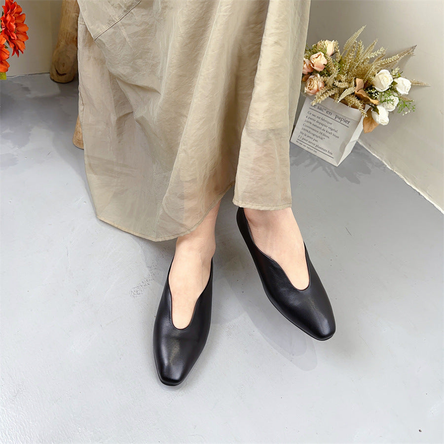 loveccr Women's Leather Shoes Princess Pavilion Summer New Retro Genuine Leather Stylish Pumps Women's Flat Heel