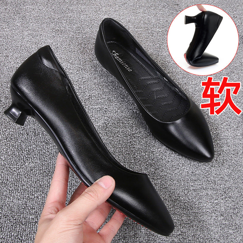loveccr Genuine Leather Stewardess Work Shoes Women's Black Leather Shoes Small Heel Professional Business Workwear Formal Wear Mid-Heel High Heel Interview Women's Shoes