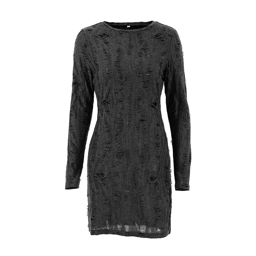 2025 popular autumn simple knitted retro round neck slim and thin hip skirt versatile gray dress women's clothing