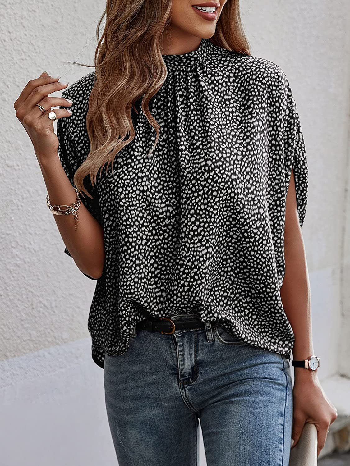 2025 Popular, , New women's clothing summer new casual fashion printed split-ended bat sleeve top women