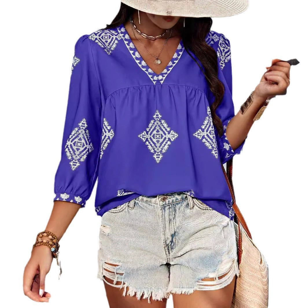 2025 Popular, , New women's clothing summer new fashion printed bag seven-quarter sleeve V-neck women's top