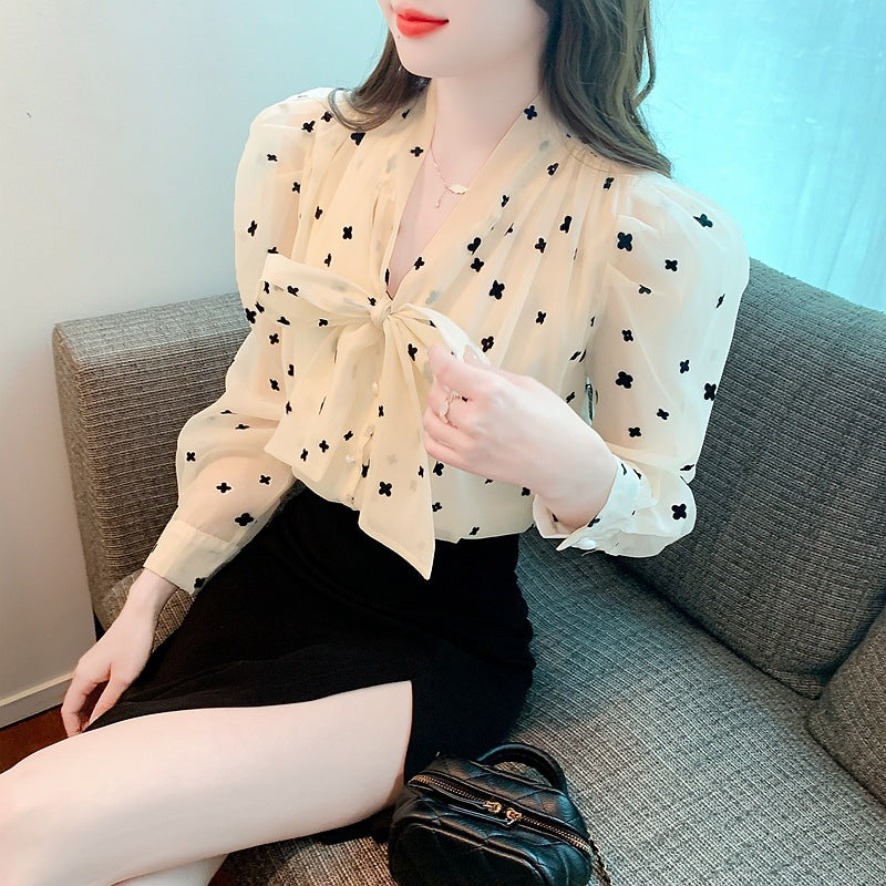 Flocking bow long-sleeved chiffon shirt women's spring 2025 new trend fashion design niche top