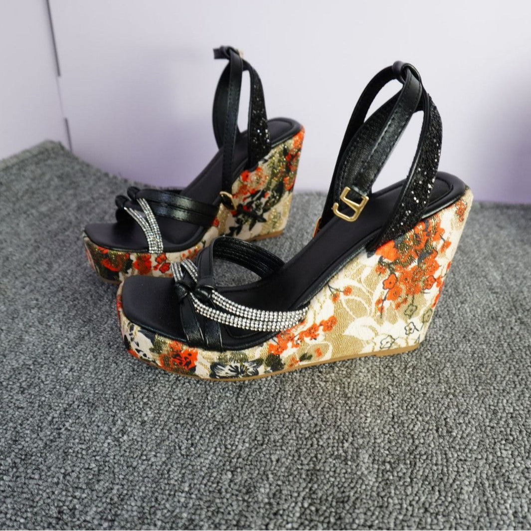 2025 Cowhide version~ Summer new versatile leather wedge sandals fashion rhinestone high heels platform muffin sandals